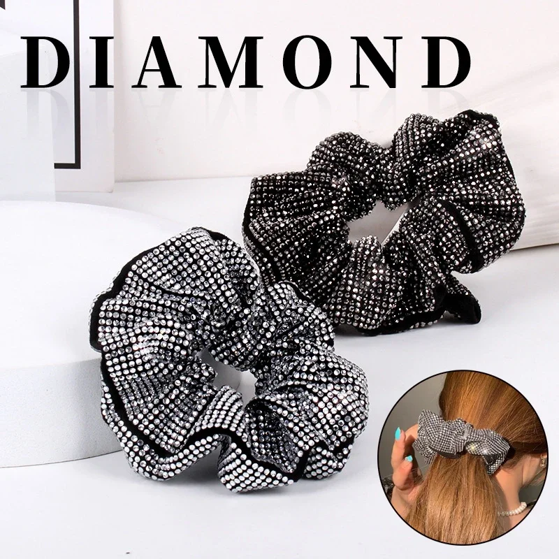 Fashion Rhinestone Women Silk Scrunchie Elastic Handmade Hair Black Band Ponytail Holder Headband Hair Accessories