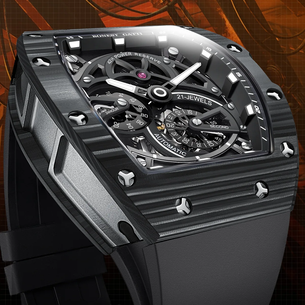BONEST GATTI Men's New Carbon Fiber Series Double sided Hollow out Fully Automatic Waterproof Night Light Watch