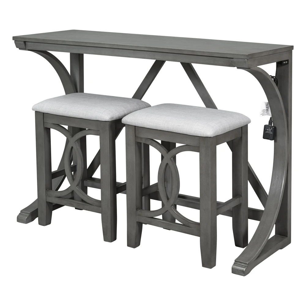 

Farmhouse 3-Piece Counter Height Dining Table Set with USB Port and Upholstered Stools,Gray