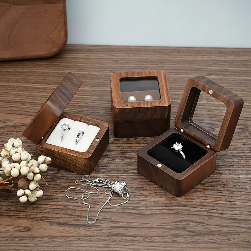 Retro Wooden Wedding Ring Box Square Wood Earring Jewelry Display Box Storage Case Gift Packaging Box Organizer Couple Gift