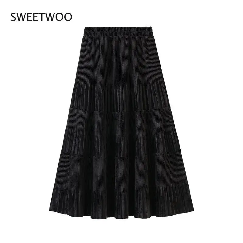 

Pure Color Women Long Pleated Skirt Autumn and Winter Elegant Woman Skirts High Waist A-line Skirts Womens