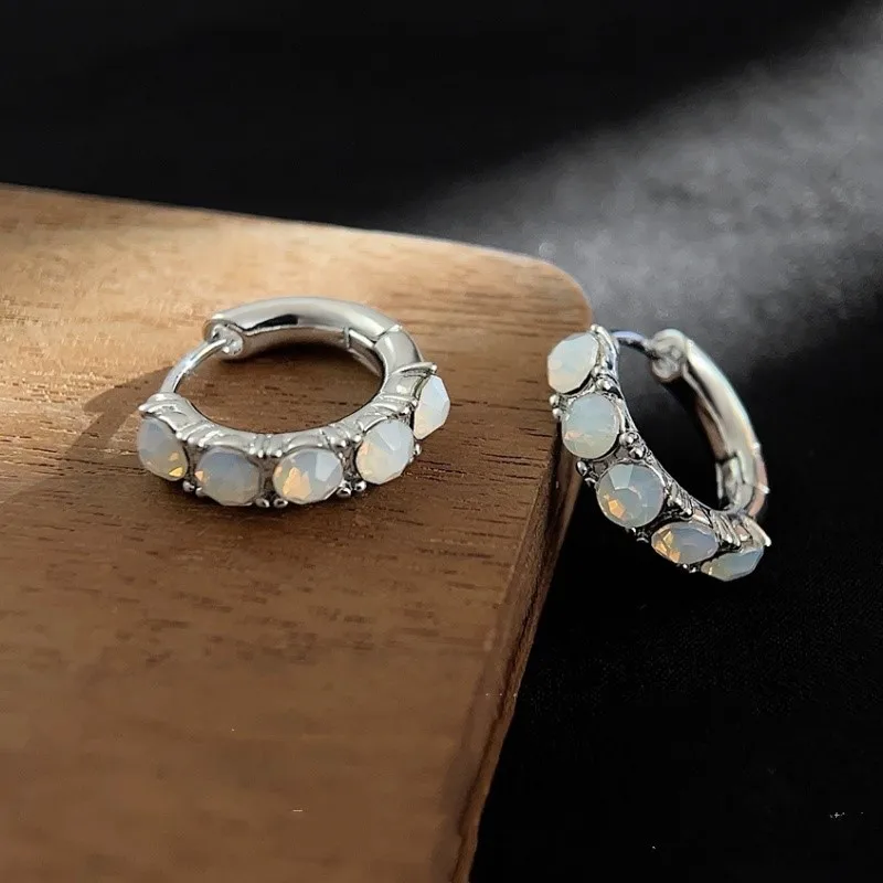Elegant Natural Opal Rhinestone Hoop Earrings for Women Ins Silver Color Zircon New Trend Earring Jewelry Gifts