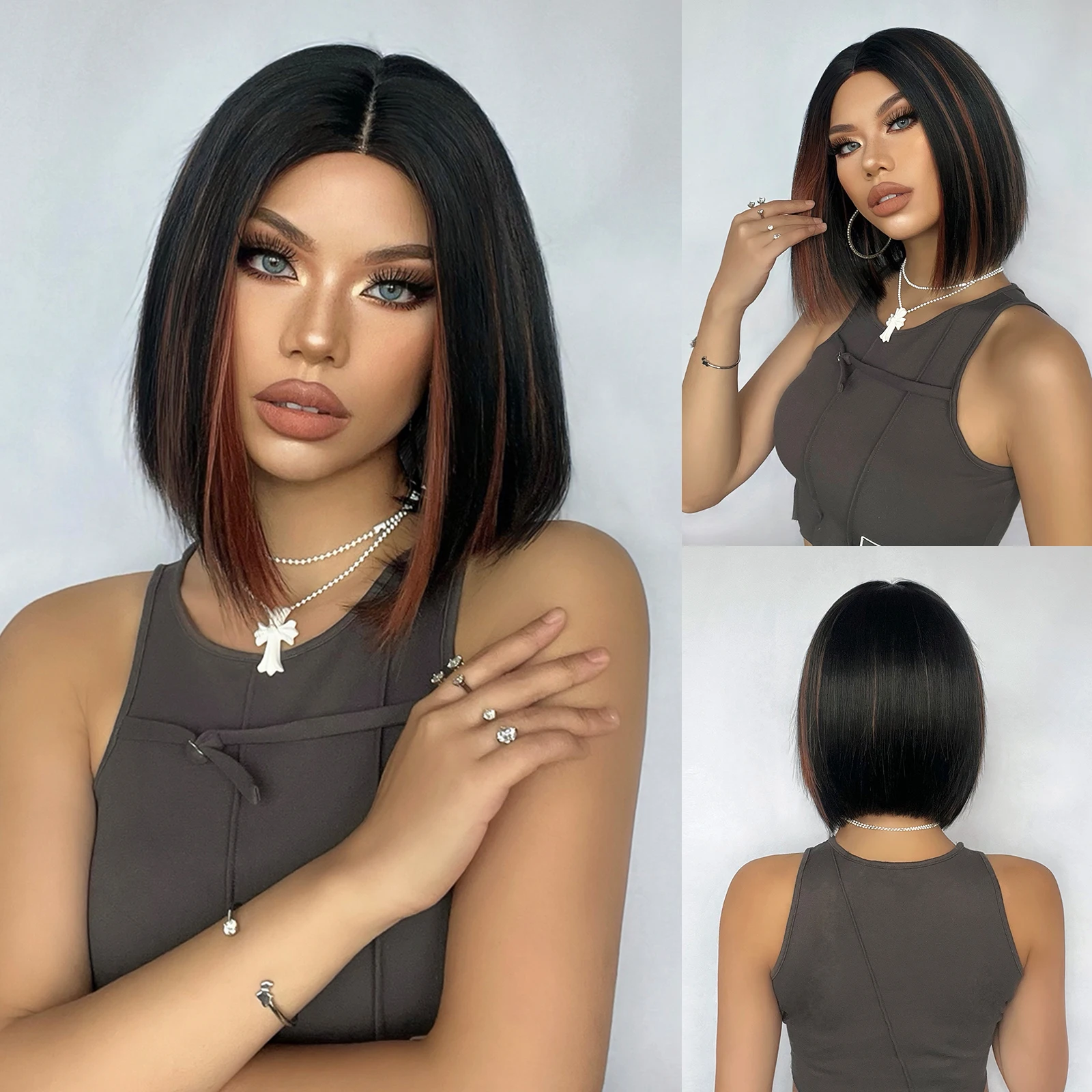 HENRYMARGUShortStraightBobSyntheticWigsBlackMixedRedBrown