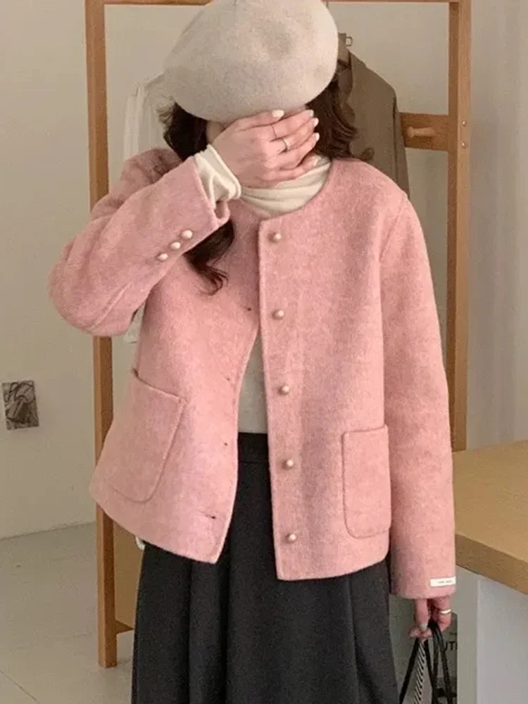 

Женская куртка из твида Zoki, элегантная розовая однобортная офисная куртка с длинным рукавом и круглым вырезом на осень и зиму