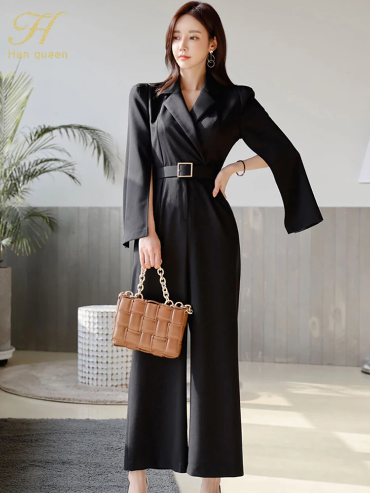 

H Han Queen Hot Sale Elegant Summe Business Jumpsuits Women Wide Leg Trousers Long Playsuits Casual Office High Waist Rompers