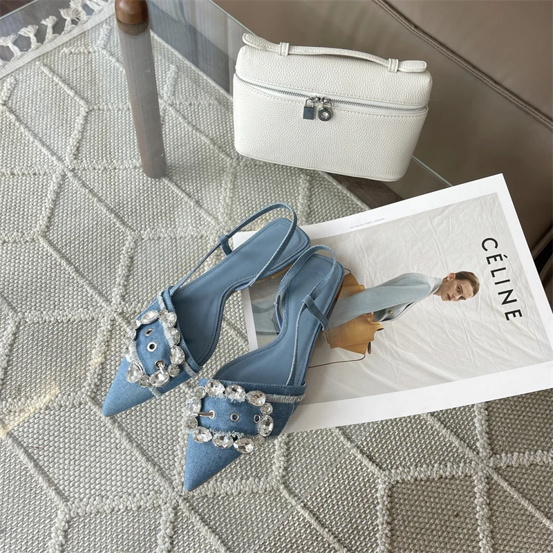 Pointed Rhinestone Genuine Leather Women's Sandals Summer Elastic Belt Dress Flats Shoes For Women Solid Color Denim Size 35-43