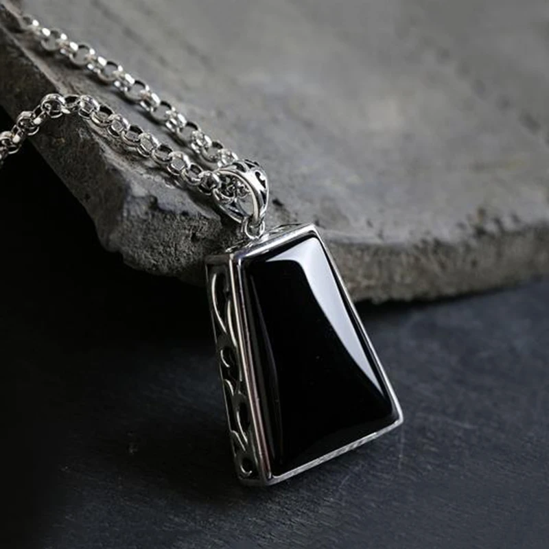 Original design geometric black agate pendant necklace retro domineering creative men and women charm brand silver jewelry pendant necklace silver necklace silver pendant silver necklace charms