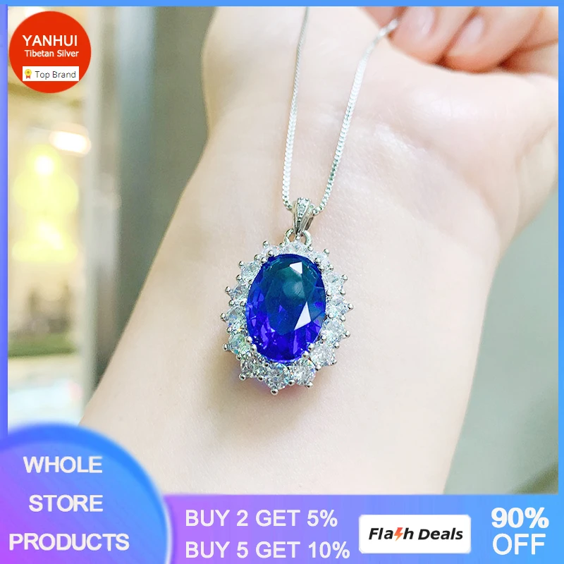 Luxury Oval Shape Lab Sapphire Stone Jewelry Sets for Female SIlver Ring  Necklace with Box Chain