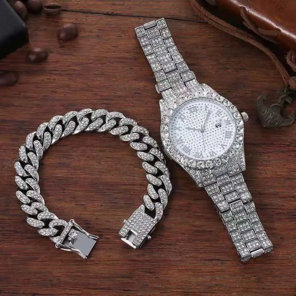 Iced Out Chain Bracelet Watches for Men Women Full Iced Out Watch Wrist Watch Hip Hop Jewelry Mens Watch Set Reloj Dropshipping