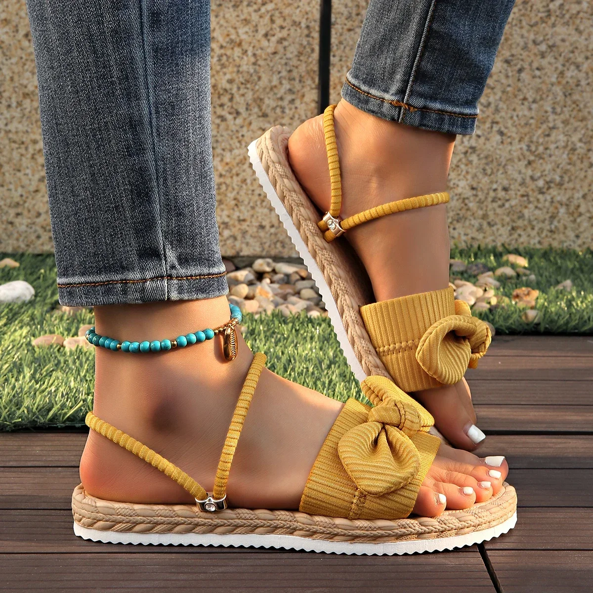 Fashion Corduroy Bow Flat Sandals Women Lightweight Non Slip Outdoor Slippers Woman 2025 Summer Casual Soft Sole Beach Sandals