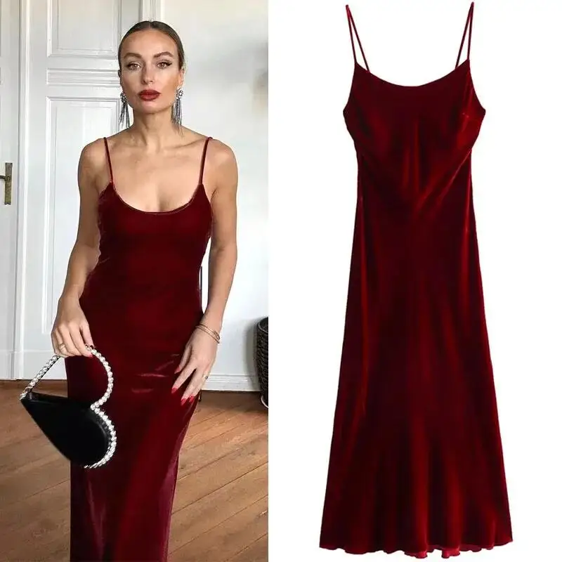 

TRAF Sexy Red Thin Strap Midi Dresses For Women Elegant Sleeveless Corset Neck Solid One Piece Dress Fashion Party Maxi Vestidos