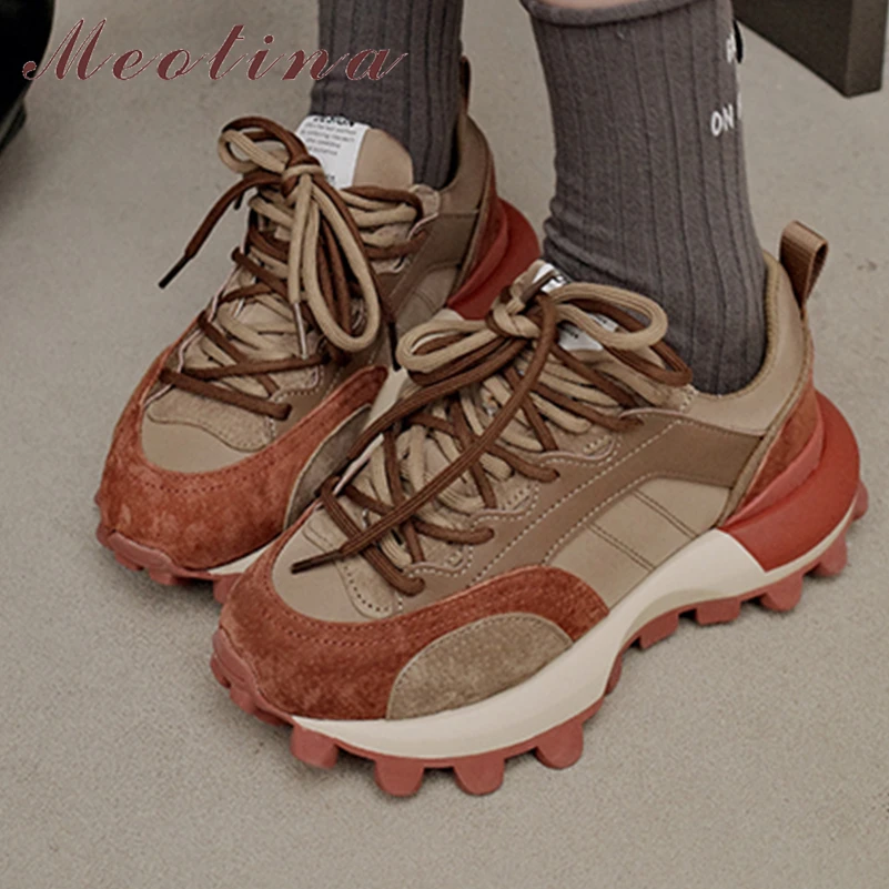 

Meotina Women Genuine Leather Sneakers Round Toe Platform Lace-up Flats Mixed Colors Lady Fashion Casual Shoes Spring Autumn 40