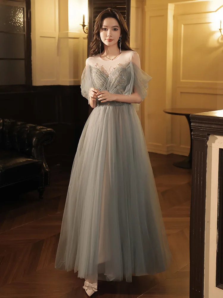 

O-neck Tulle Evening Dress Women Off the Shoulder Applique Cocktail Dresses Elegant Modern A-line Pleated Prom Gown