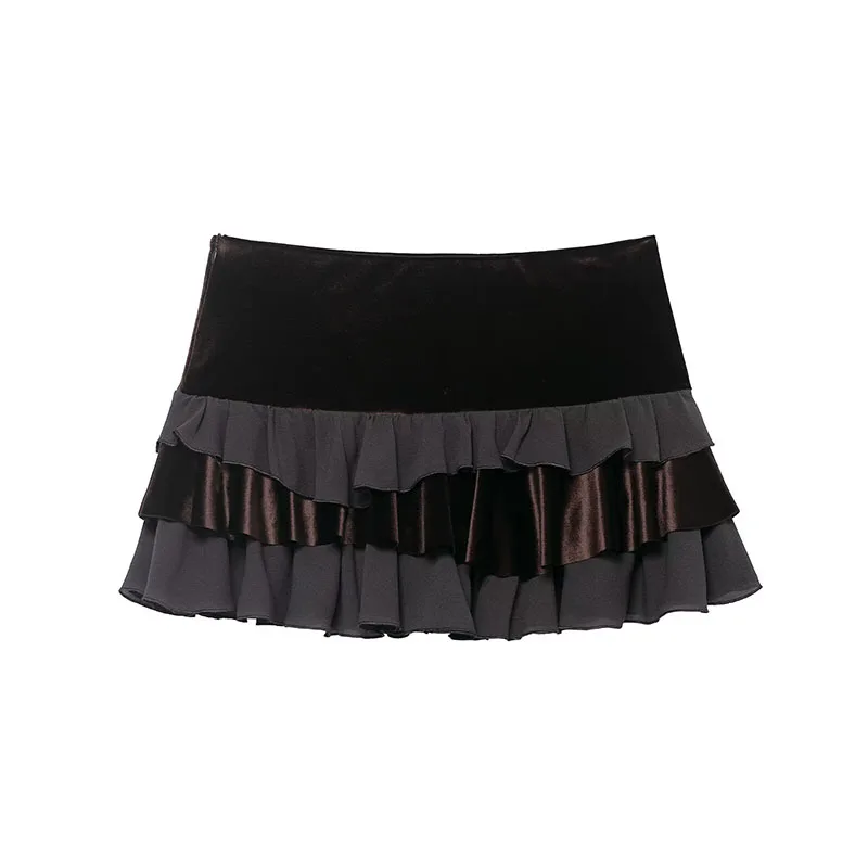 Chic Fashion Velvet Splicing High Waist Mini Skirts For Women New Ruffles Elegant Skirt Woman Y2k Night Club Party Skirts﻿ ﻿