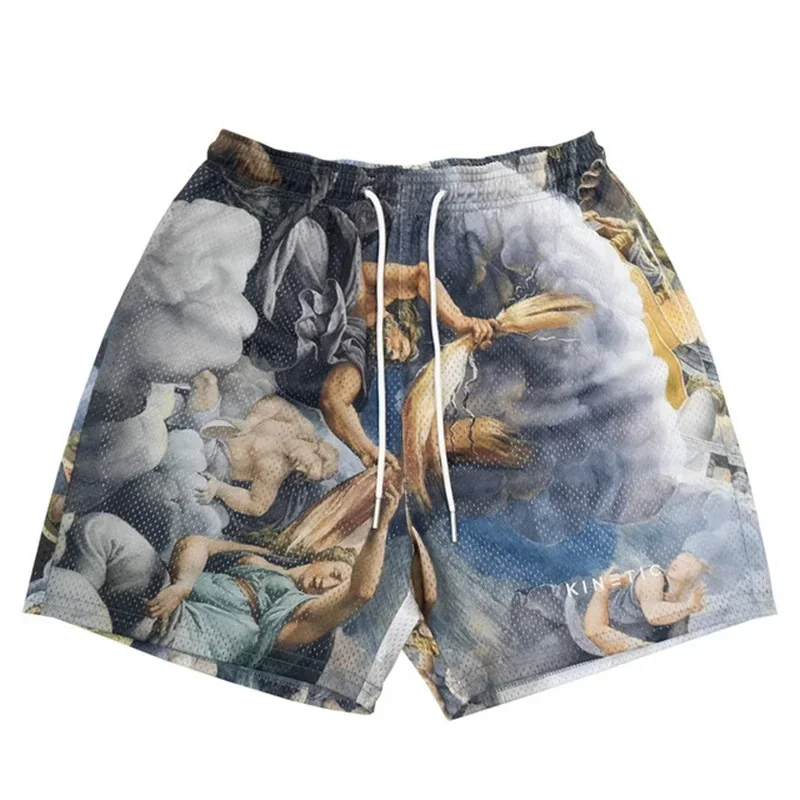 Summer New Men's Shorts Rose Design Casual Shorts Street Hip Hop Fitness Quick Dry Mesh Fabric Breathable Embroidered Shorts 6