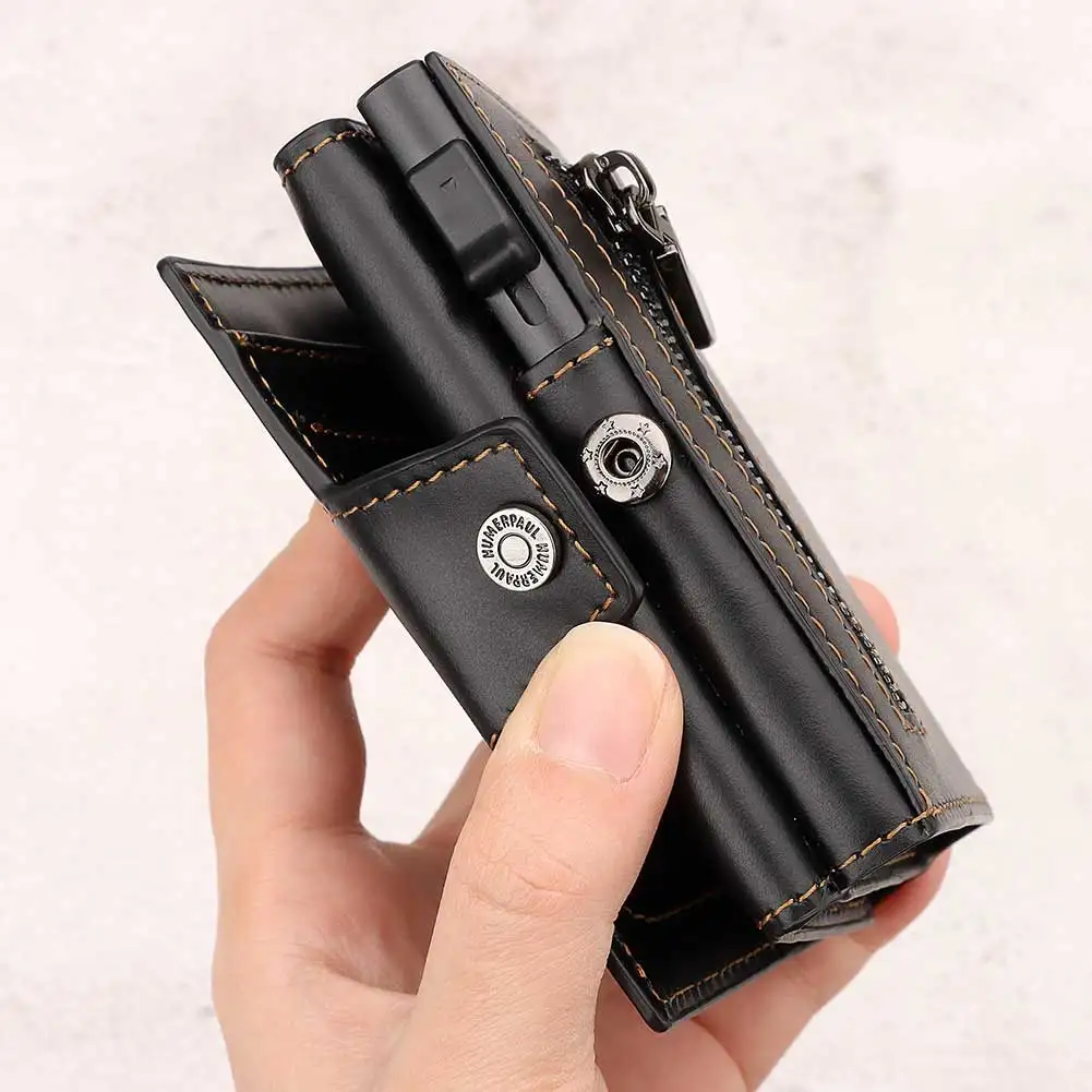 Leather Wallet Men's Short Mini Money Clip RFID Blocking Credit Automatic Card Holder