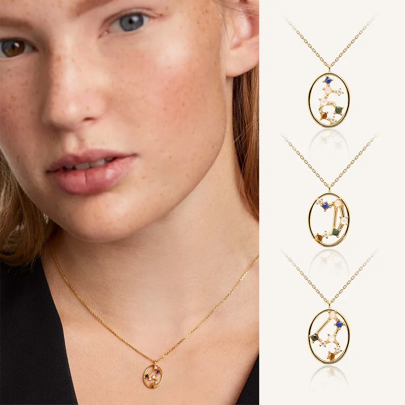 

New 12 Constellation Pendant 925 Sterling Silver Zircon Geometry Necklace Choker Exquisite Jewelry Free Delivery For Women