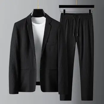 봄 여름 패션 정장 남성용 블레이저 바지 스트라이프 플리츠 긴팔 턴다운 칼라 재킷, 결혼식용 드로스트링 바지