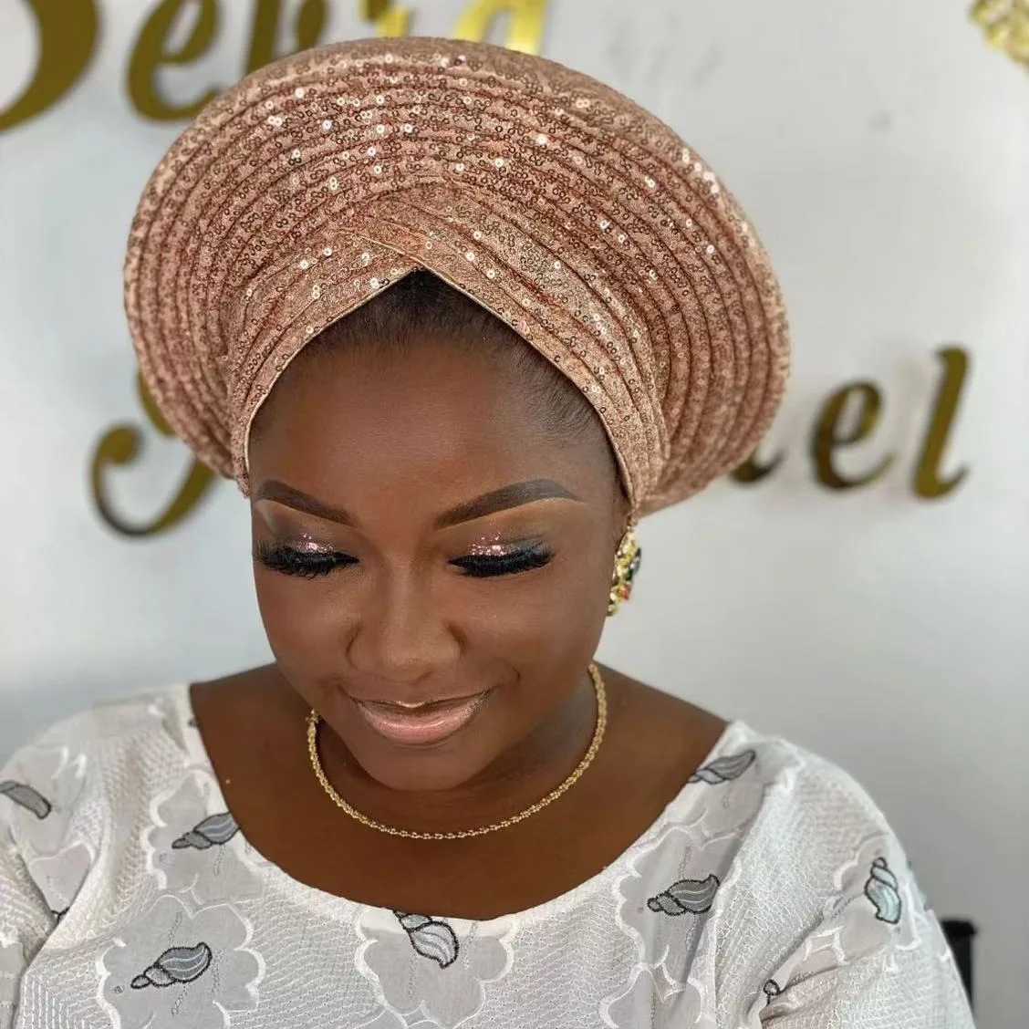 

2024 New African Sequins Auto Gele Headtie Already Made Nigeria Wedding Geles African Headtie Muslim Turban Female Head Wrap