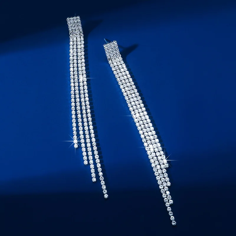 Treazy glänzend 4 Linien Strass Kristall Quaste lange Ohrringe für Frauen Hochzeits feier hängen baumeln Ohrringe Braut Brincos – Detail 4