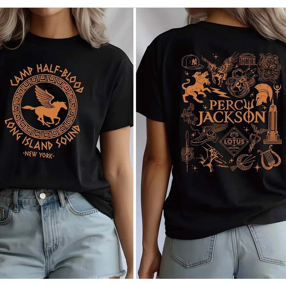 Zwei Seiten Camp Half Blood T-Shirt Harajuku Percy Jackson Grafik Shirts Camp Jupiter Shirt Y2k Top Unisex Kurzarm Tops