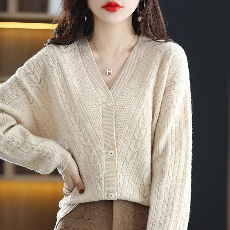 

100% Wool Women Cardigan Sweater 2022 Spring Autumn Warm Soft Knitted Women's Thickened Loose Large Size Knitte Shirt