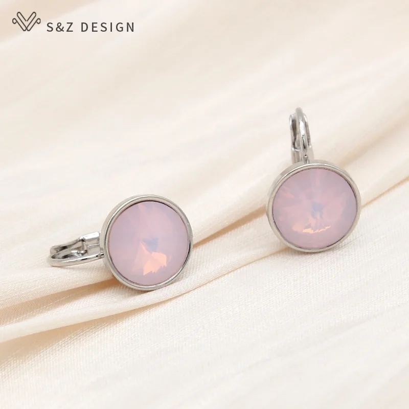 S&Z DESIGN New Fashion Round Crystal Drop Earrings For Women Wedding 585 Rose Gold Color Elegant Jewelry Gift Anti-allergy