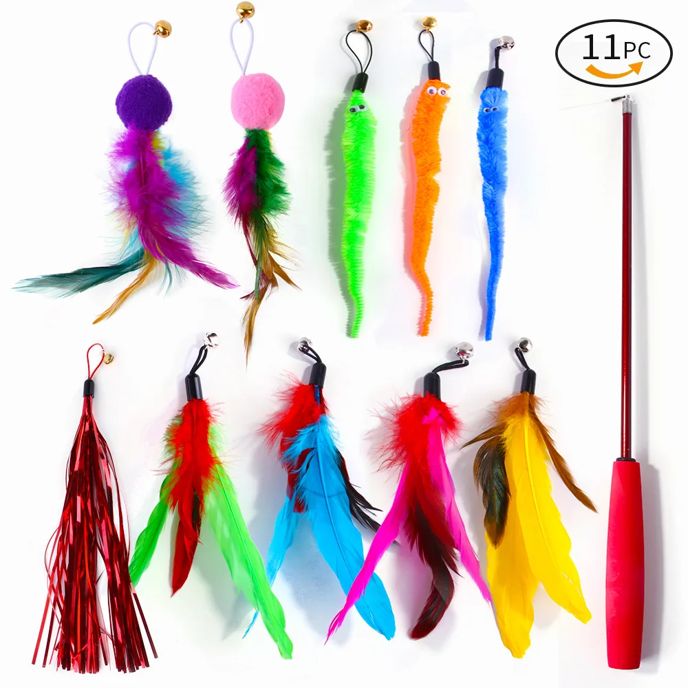 14PCS Cat Toy Set Caterpillar Feather Replacement Head Colorful Hair Ball  Tassel Retractable Fishing Rod Amusing Cat Stick - AliExpress