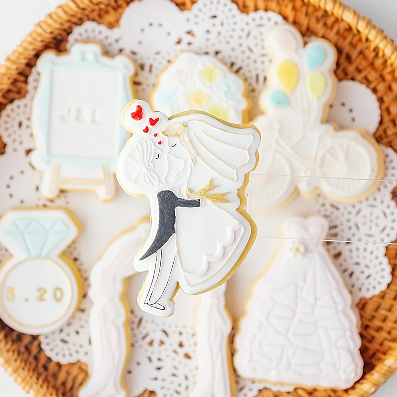 Cookie Press Stamp Happy Wedding Bride Ring Cake Decor Tool 3D Acrylic Fondant Sugar Craft Cutter DIY Baking Biscuit Pastry Mold