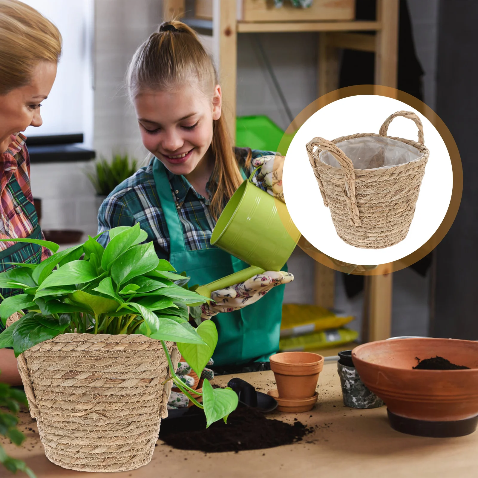 

Multifunctional flowerpot creative Nordic green plant potted indoor straw flowerpot home decoration retro storage flower pot