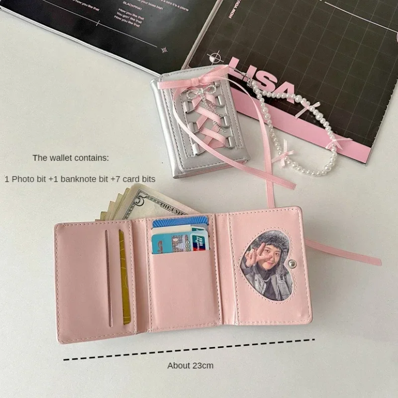 Y2k Silver Sweet Wallets for Women New Strap-on Designer Original Fashion Short Coin Purse Korean Style Casual Cute Wallet Purse