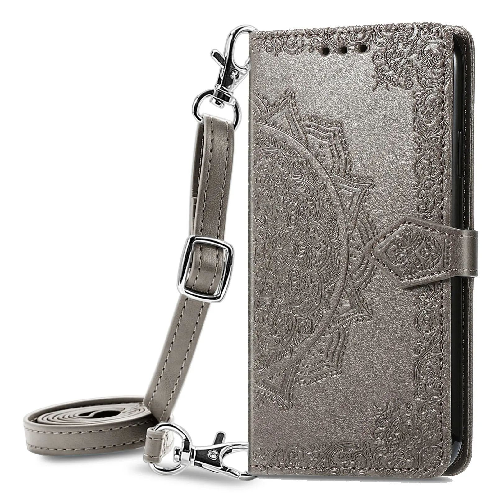Mandala Flower Leather Strap Crossbody Flip Wallet Case with Card Slots