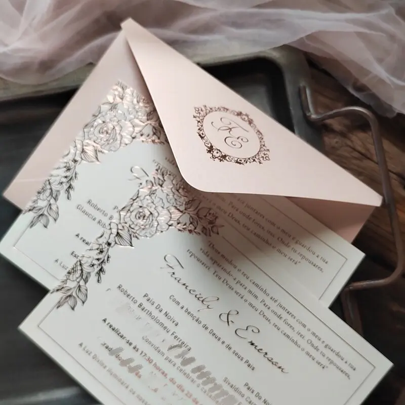 Ouro rosa brilhante cartões de convite, moldura floral, rosa Envelopes, design de logotipo personalizado, 50pcs