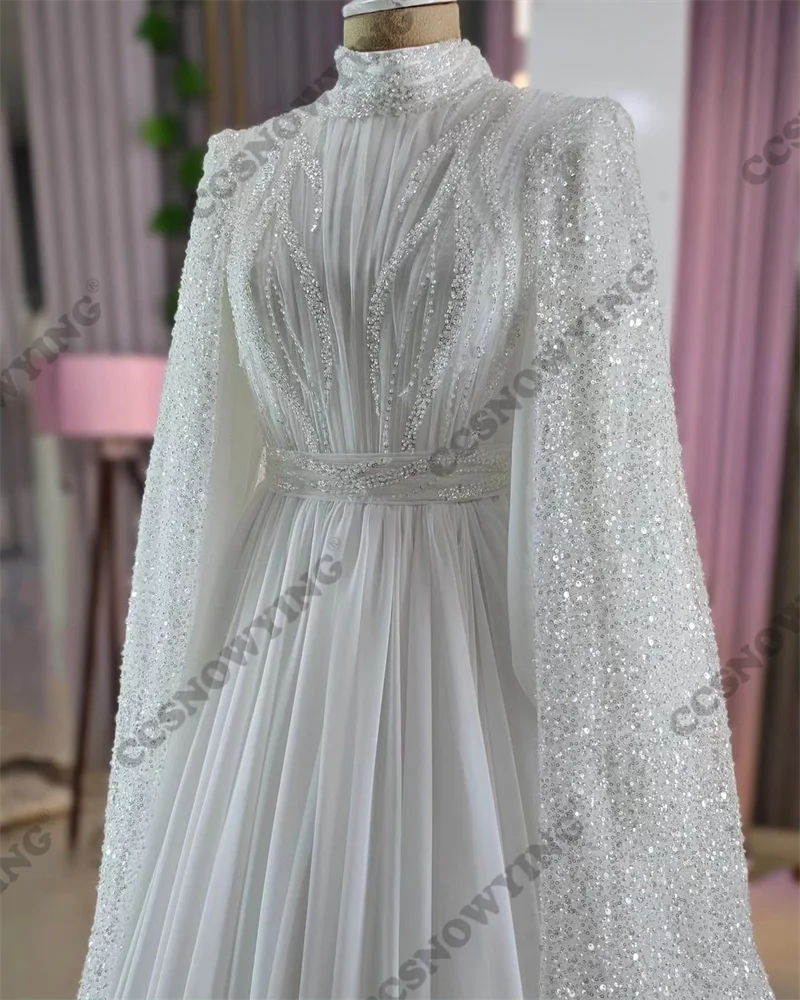 Chiffon Beaded Long Sleeve Muslim Wedding Dress for Bride Hijab Islamic Bridal Gowns High Neck Women Arabic Dubai Robe De Mariée 2