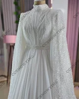 Chiffon Beaded Long Sleeve Muslim Wedding Dress for Bride Hijab Islamic Bridal Gowns High Neck Women Arabic Dubai Robe De Mariée 2