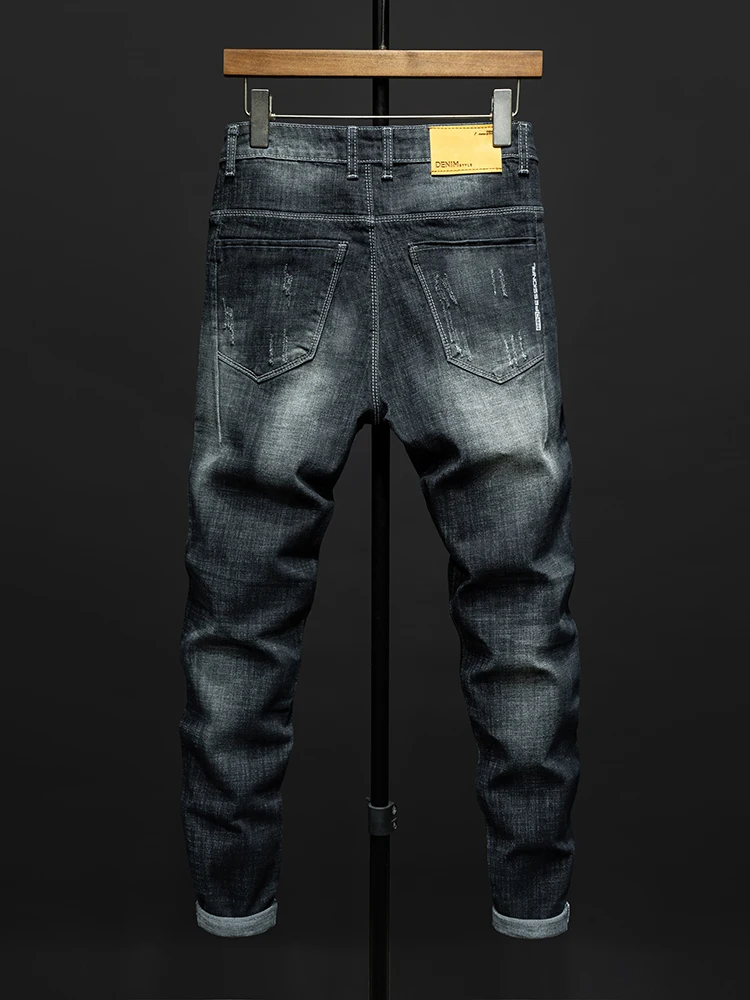 Fashion Ripped Men's Slim Straight Stretch Jeans Korean Personality Streetwear Denim Pants Classic Black Hip Hop Male Trousers