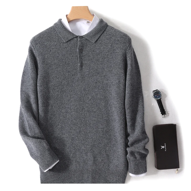 Men\'s Knitted 100% Woolen Sweater with Thickened POLO Collar Classic Suit Lining Business Casual Sweater