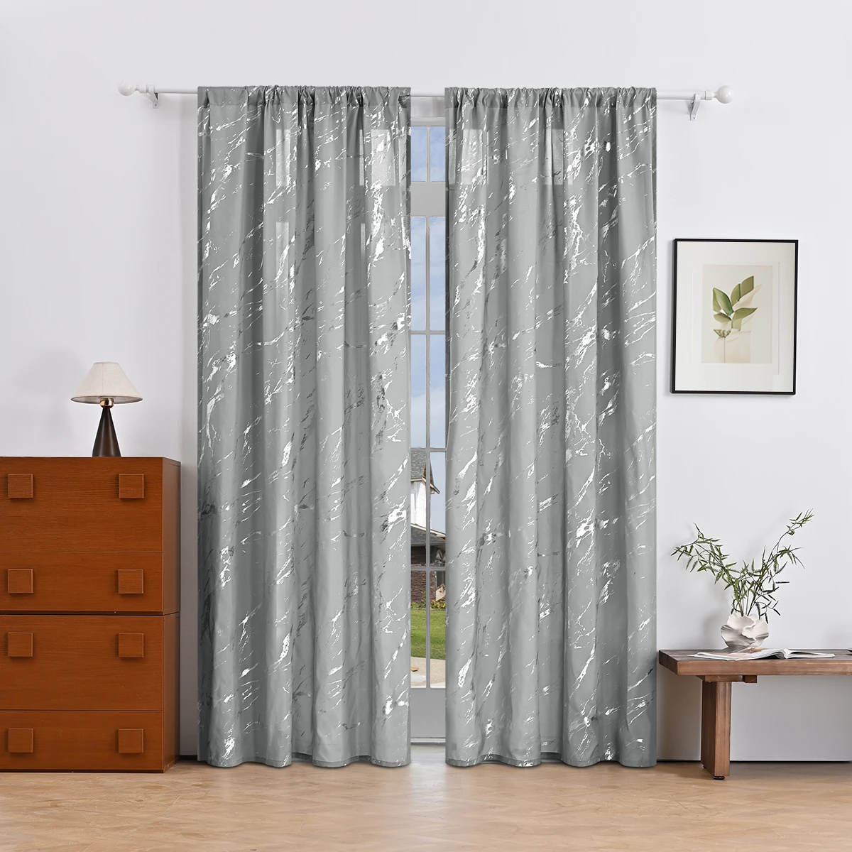 2pcs Luxury Marble Pattern Curtains with Gold Foil Precision, Rod Pocket Window