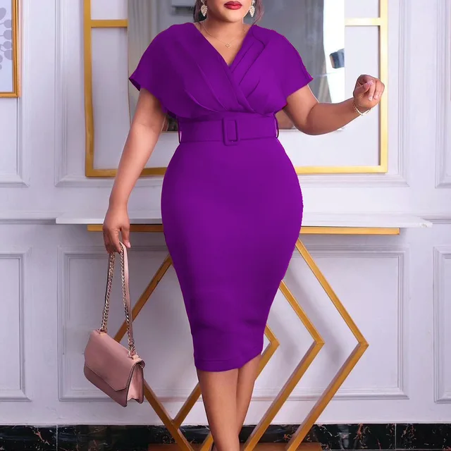 Africa Plus Size Fashion Female Clothing Sashes Solid High Waist Pencil  Skirt V-Neck Pleated Zipper Summer Elegant Midi Dress