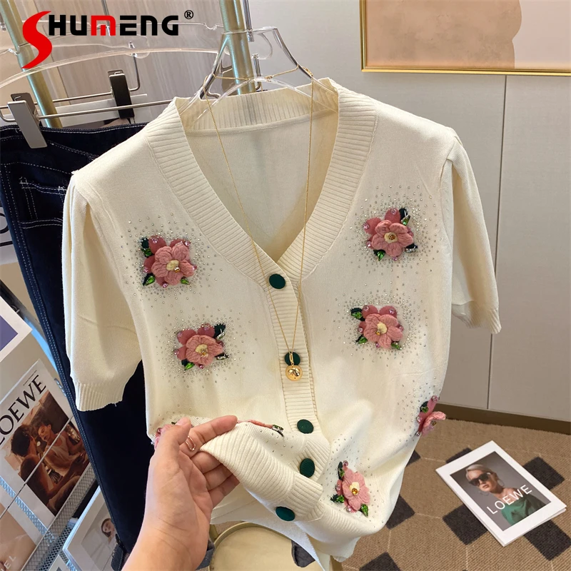 

Women's Knitted Short-Sleeve Top 2024 Summer High-End Knitwears Three-Dimensional Flower V-neck Cardigan Trendy Feminine Tops