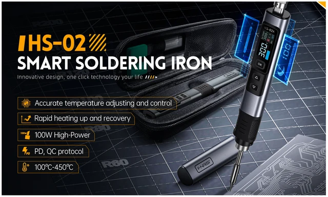 Soldador Inteligente FNIRSI HS-02A - 100W, Calentamiento Interno, Temperatura 100-450°C, Pantalla A Color, Incluye 6 Puntas