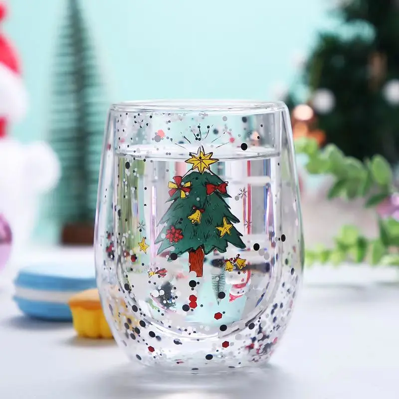 YWDL 1/2pcs Christmas Tree Double Wall Glass Cup Party Christmas Gift Heat-insulated Espresso Coffee Mug Milk Tea Cup 300ml