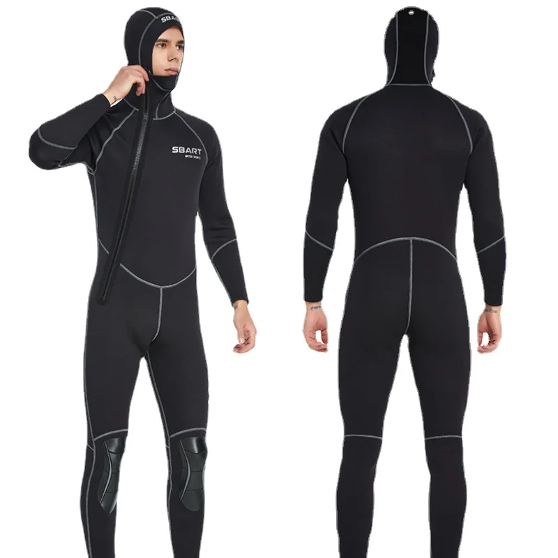 7mm Wetsuit Deep Diving Semi-dry Wetsuit Front Zipper Warm Hood and Fleece One-piece