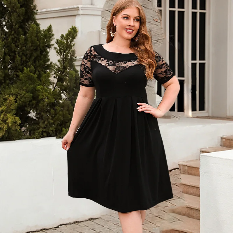 

Plus Size Lace Dress Elegant Splicing Crew Neck Short Sleeve High Waist Ruched Fashion Women's Dresses for Party