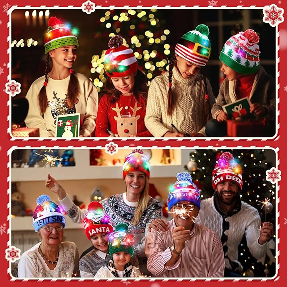 1/2/5/10/20 Pcs Christmas Hat Xmas LED Light Up Beanie Knit Hats Winter Snow Hats Cap Christmas Party Favors for Adults and Kids