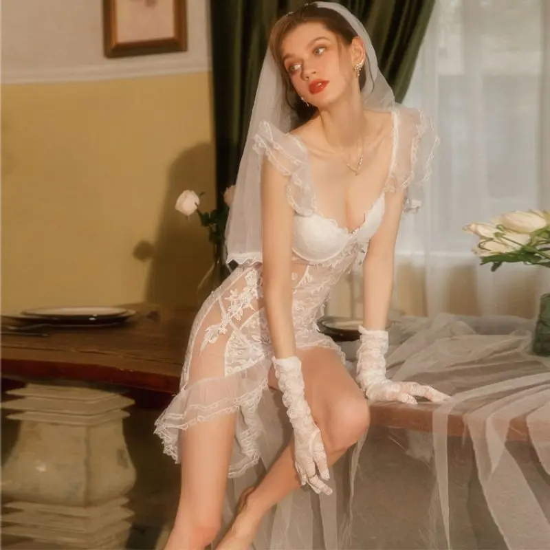 

Head Yarn Mini Fishtail Skirt Lace Wedding Dress Bride Sleeping Role Playing Uniform Nightgown Female Sexy Sleepwear Homewear