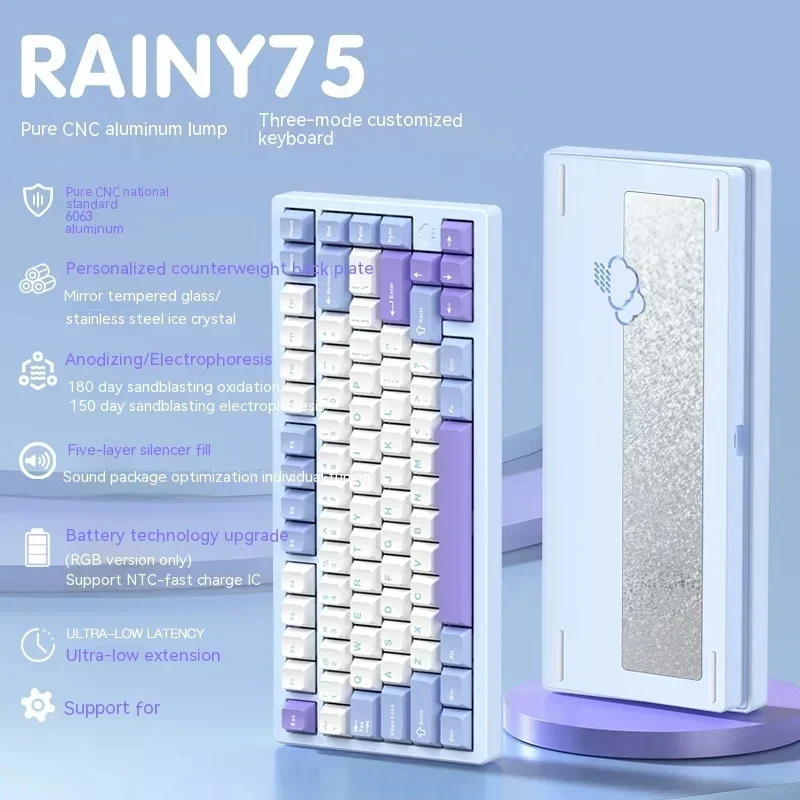 Wob Rainy 75 기계식 키보드, 알루미늄 블루투스 게이머 무선 키보드, CNC 키보드 개스킷, 핫 스왑 RGB 백라이트 선물