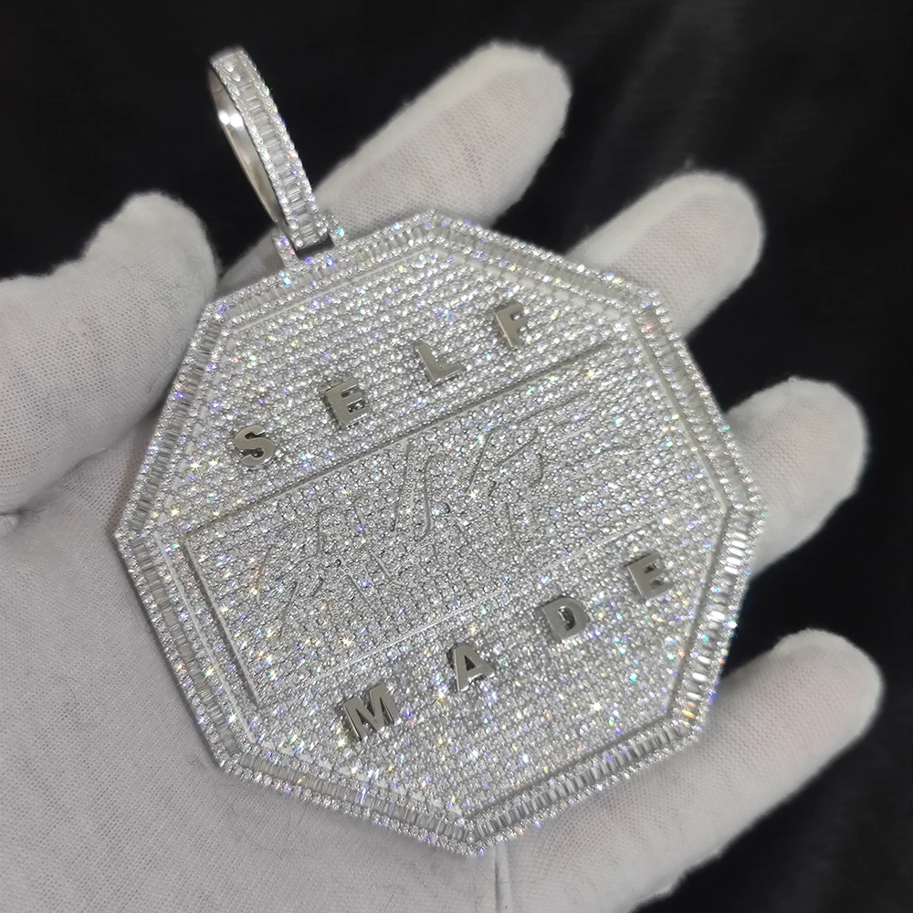 S925 Sterling Silver Bling Hip Hop Zircon 80MM Big Size Polygonal Pendant Jewelry Custom Name Letter Octagonal Pendant Necklace