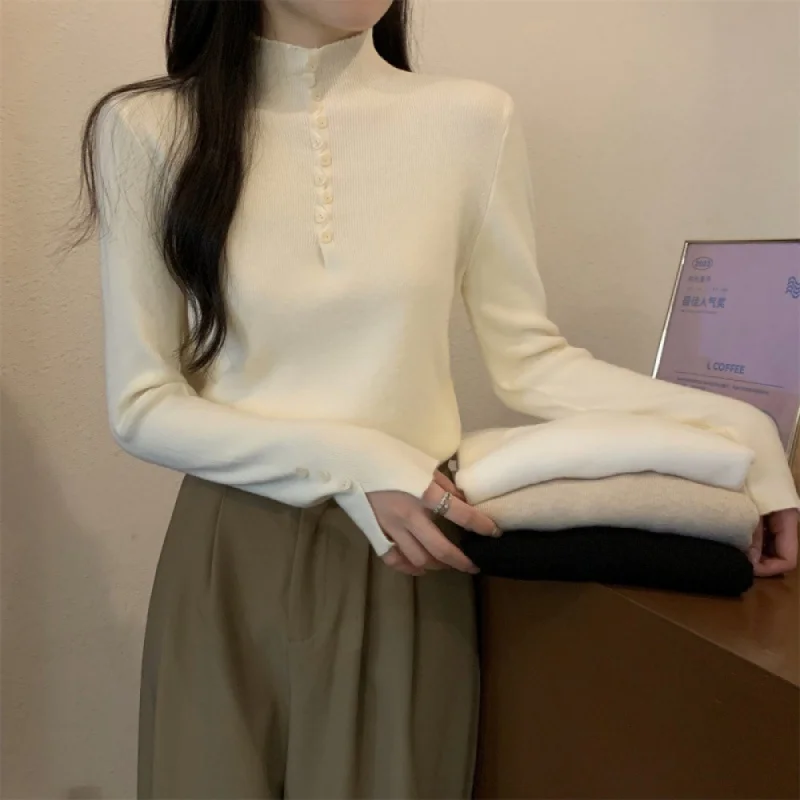 

23 New modelsReal Shot Cost-Effective Autumn and Winter Korean Style Half-High Collar Inner Match Button Design Andy Velvet Knit