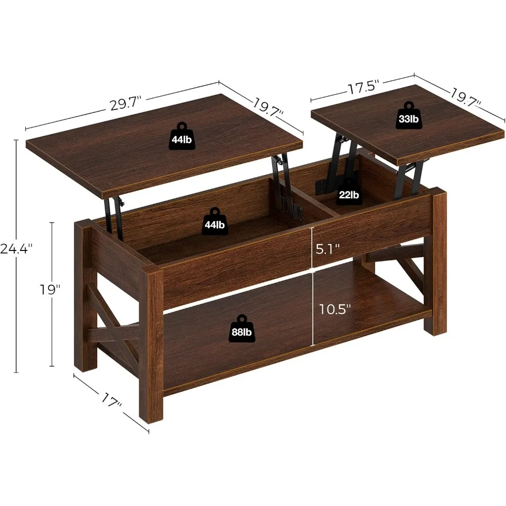 Coffee Table 47.2",2 Way Lift Top Coffee Table with Hidden Compartment, Lift Top Coffee Table with Open Shelf & X Wooden Support 3